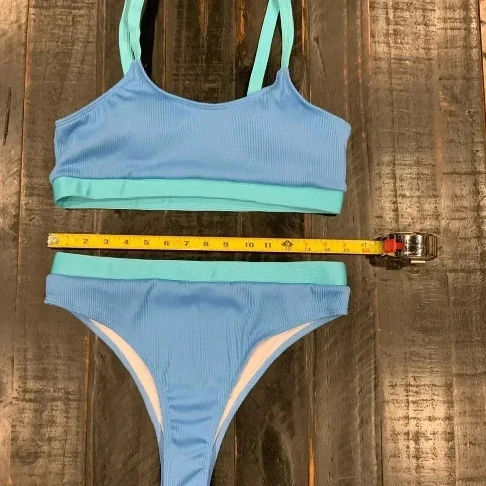 SHEIN BLUE COLOR BLOCK HIGH WAISTED CHEEKY BIKINI SIZE XL